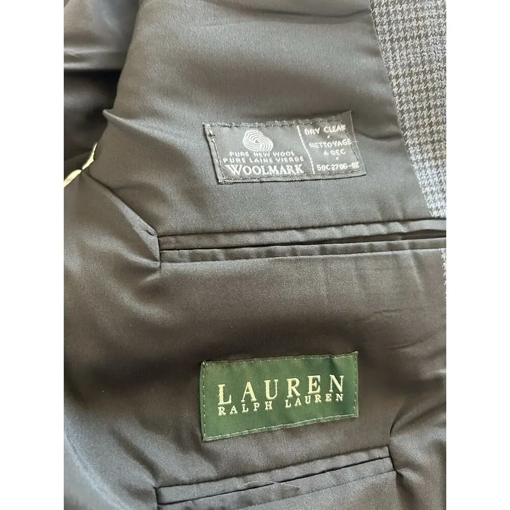 Lauren‎ Ralph Lauren 42R 100% Wool Men’s Blazer Gray Blue Houndstooth Sport Coat